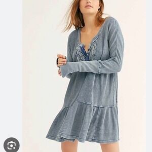 Free People One Jolene XS Blue Thermal Waffle Knit Tiered Long Sleeve Mini Dress